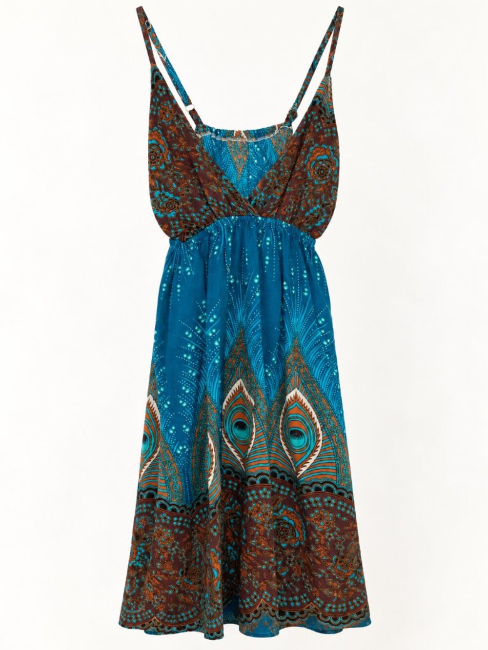 Peacock Paisley Turquoise Sundress Cotton Empire Waist knee length Dress